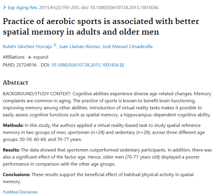 Practice of aerobic sports is associated with better spatial memory in adults and older men.